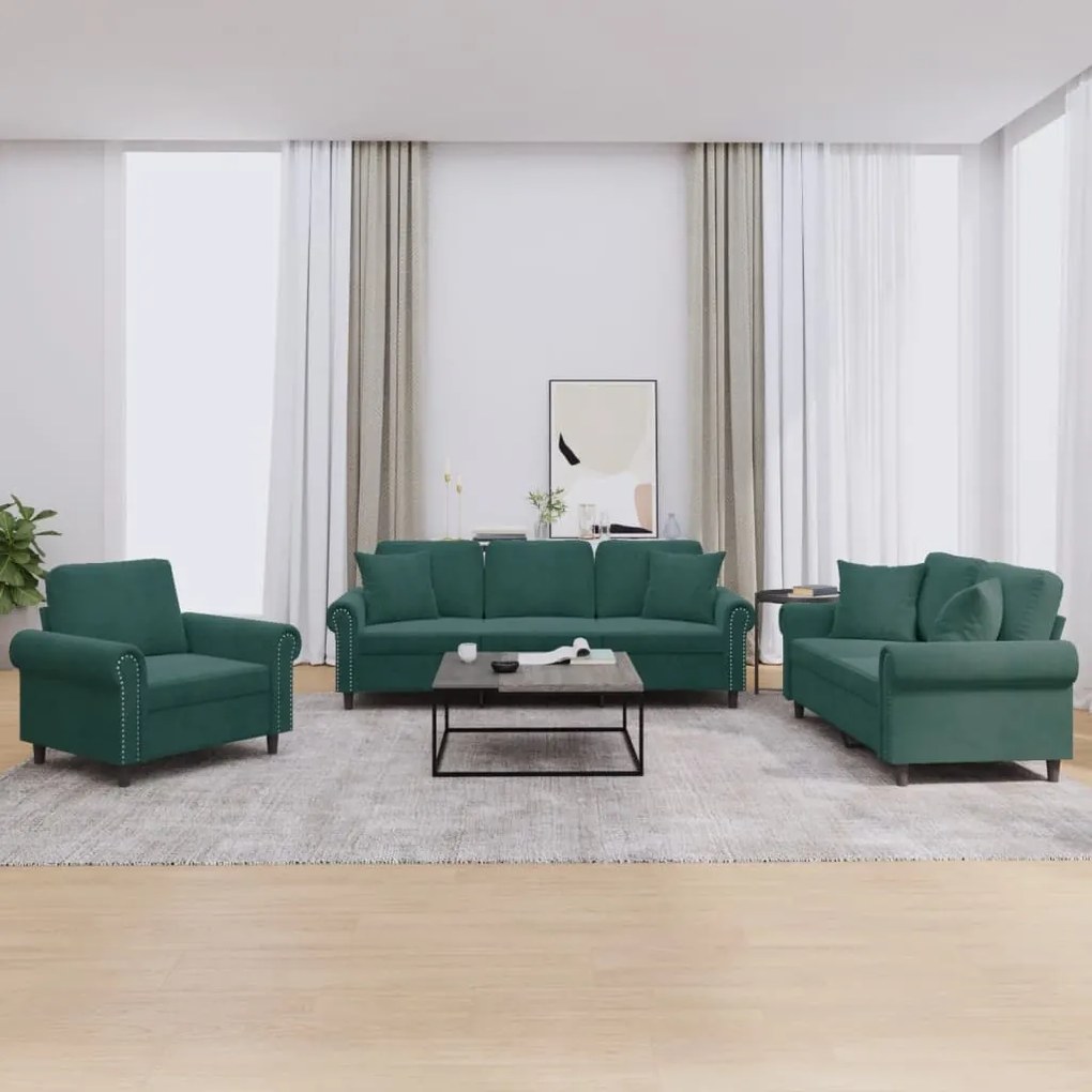 3 pcs conjunto de sofás com almofadas veludo verde-escuro