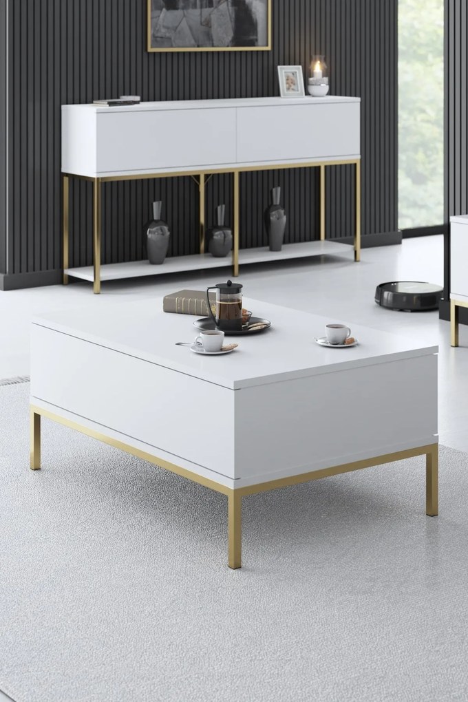 Mesa de Centro Lord – Branco e Dourado – 90x40x60 cm