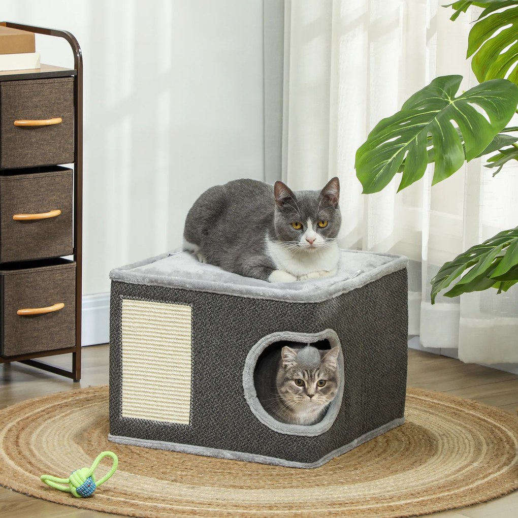 Barril para arranhar para gatos 45 C x 45 P x 35 A cm com plataforma superior, em pelúcia e sisal, 45 x 45 x 35 cm, cinzento antracite
