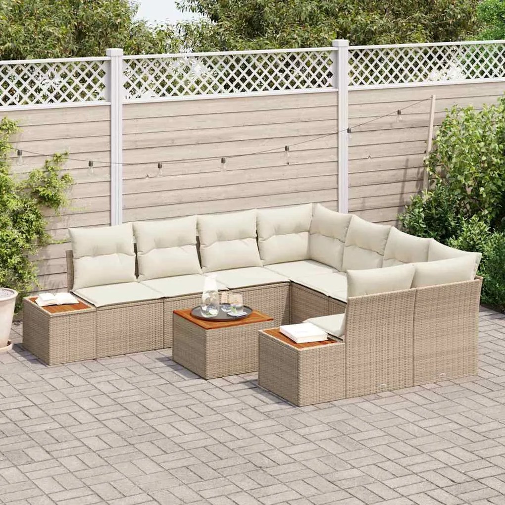Conjunto de Sofá de Jardim de 9 Peças com Almofadas Bege Rattan Acácia