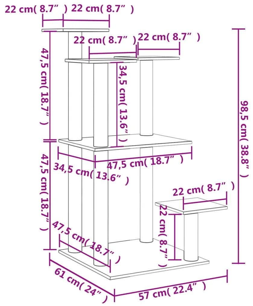 Postes arranhadores para gatos com plataformas 98,5 cm creme