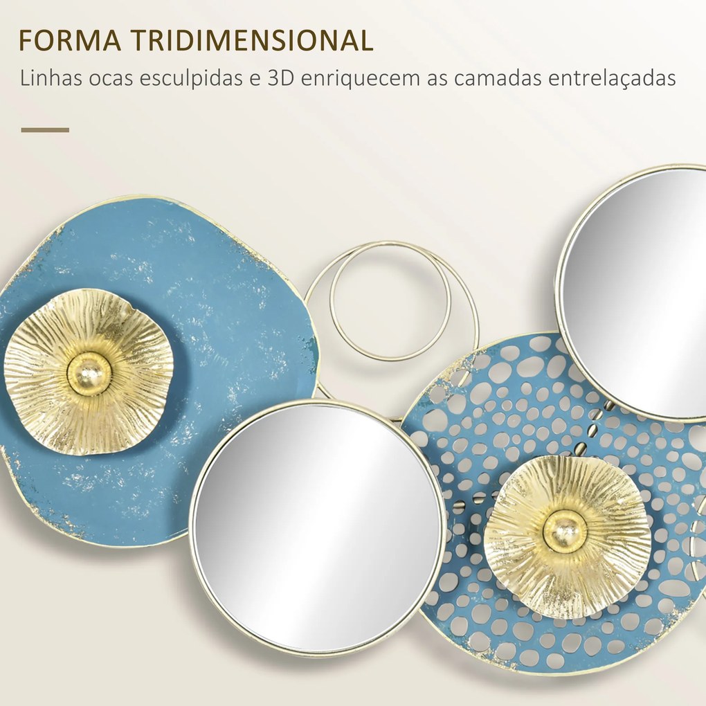 HOMCOM Decoração de Parede de Metal Espelho de Folhas de Flores 3D Arte de Parede Suspensa para Sala de Estar Dormitório Escritório 65x29cm Multicor