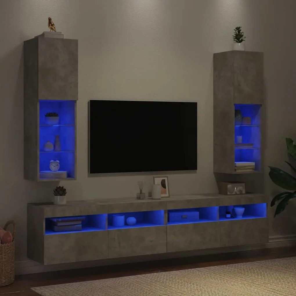 Móveis de TV com luzes LED 2 pcs 30,5x30x102cm cinzento cimento