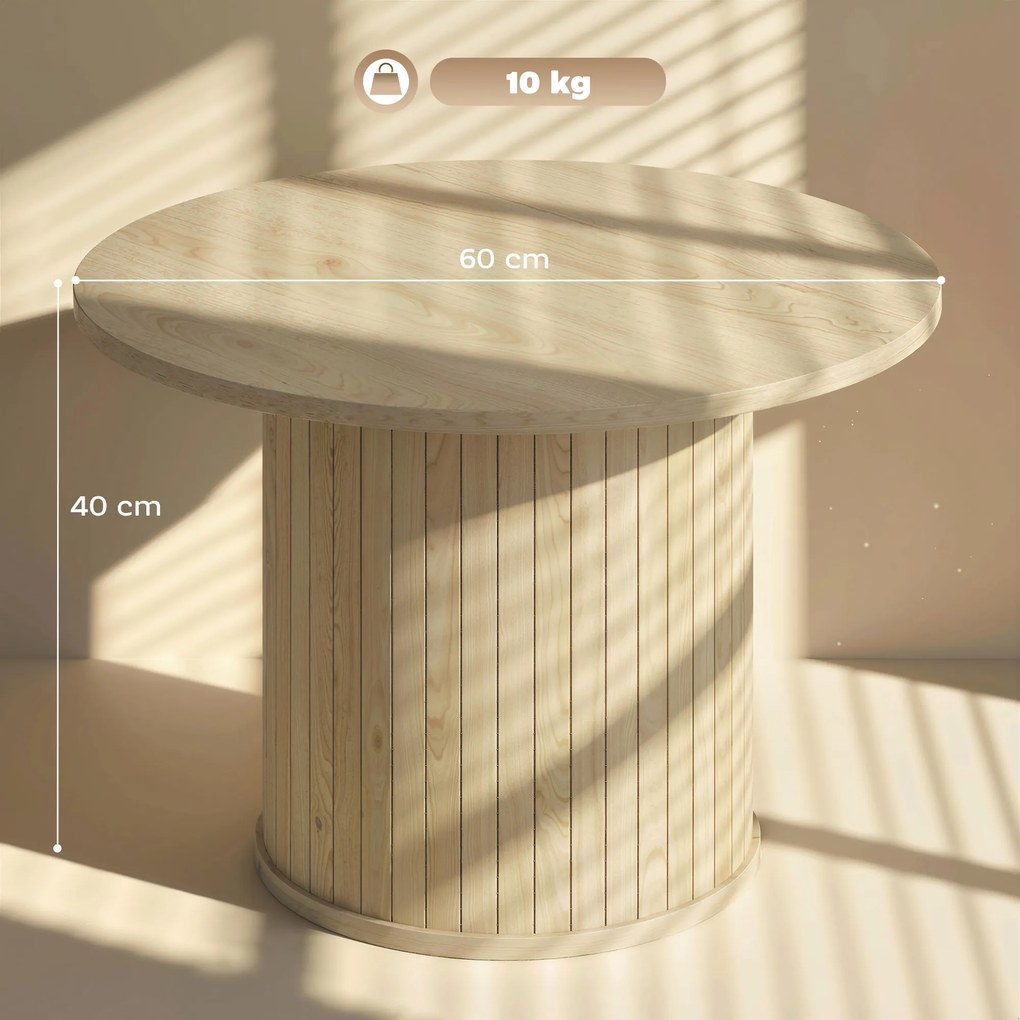 Mesa de Centro Redonda com Base de Coluna de Ripas para Sala de Estar ou Quarto Ø60x40 cm Madeira