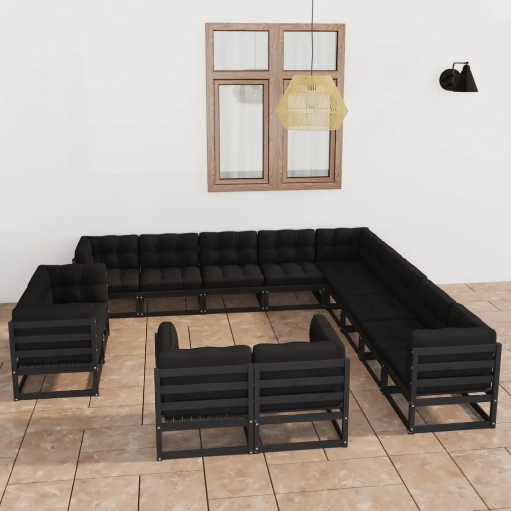 vidaXL 13 pcs conjunto longue jardim c/ almofadões pinho maciço preto