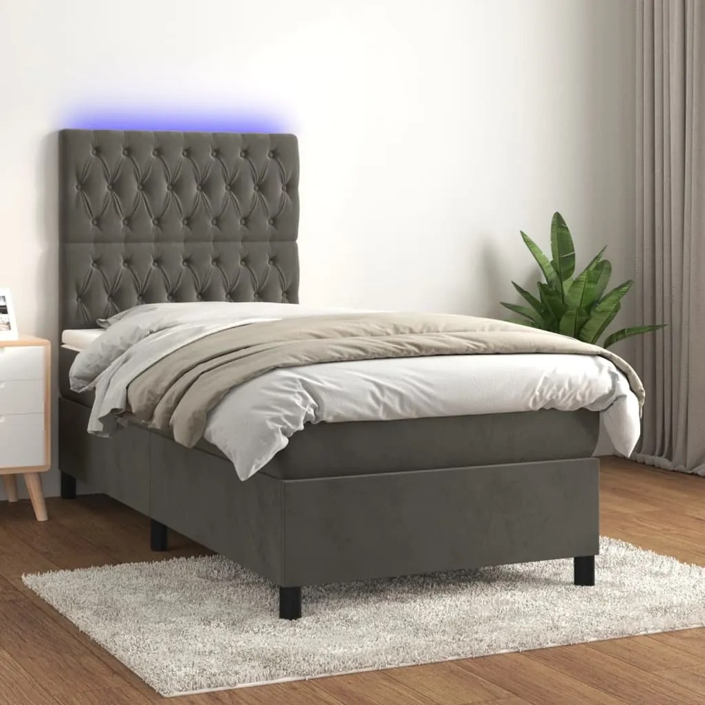 Cama box spring c/ colchão/LED 90x200 cm veludo cinzento-escuro