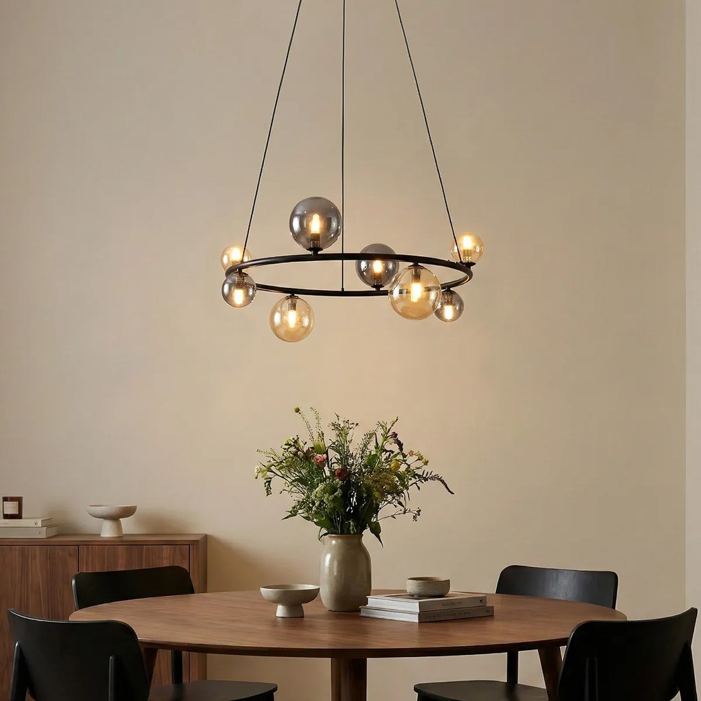 Candeeiro suspenso preto com vidro fumado e âmbar redondo 8 luzes - Monaco