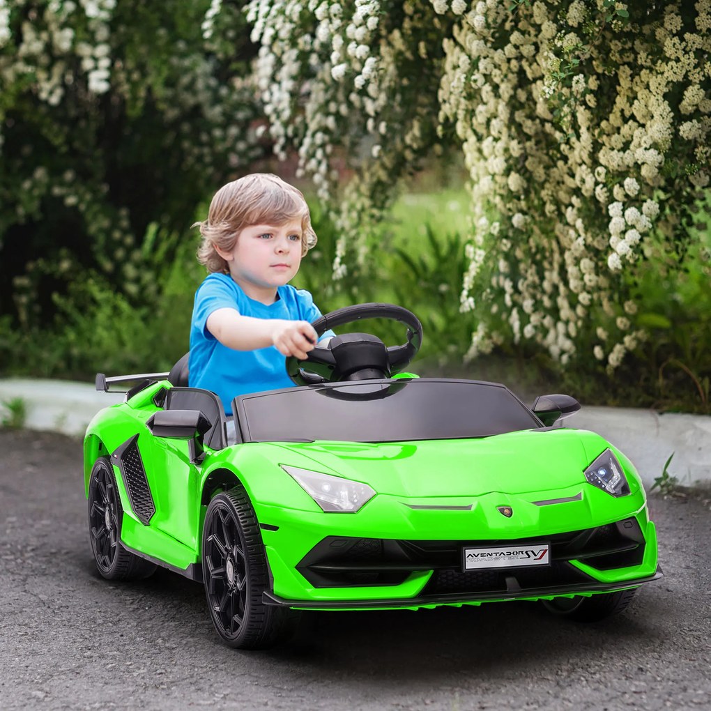 Carro elétrico para crianças com licença Lamborghini Aventador SVJ, 12 V, com portas em forma de borboleta, comando à distância, 3-5 km/h, verde