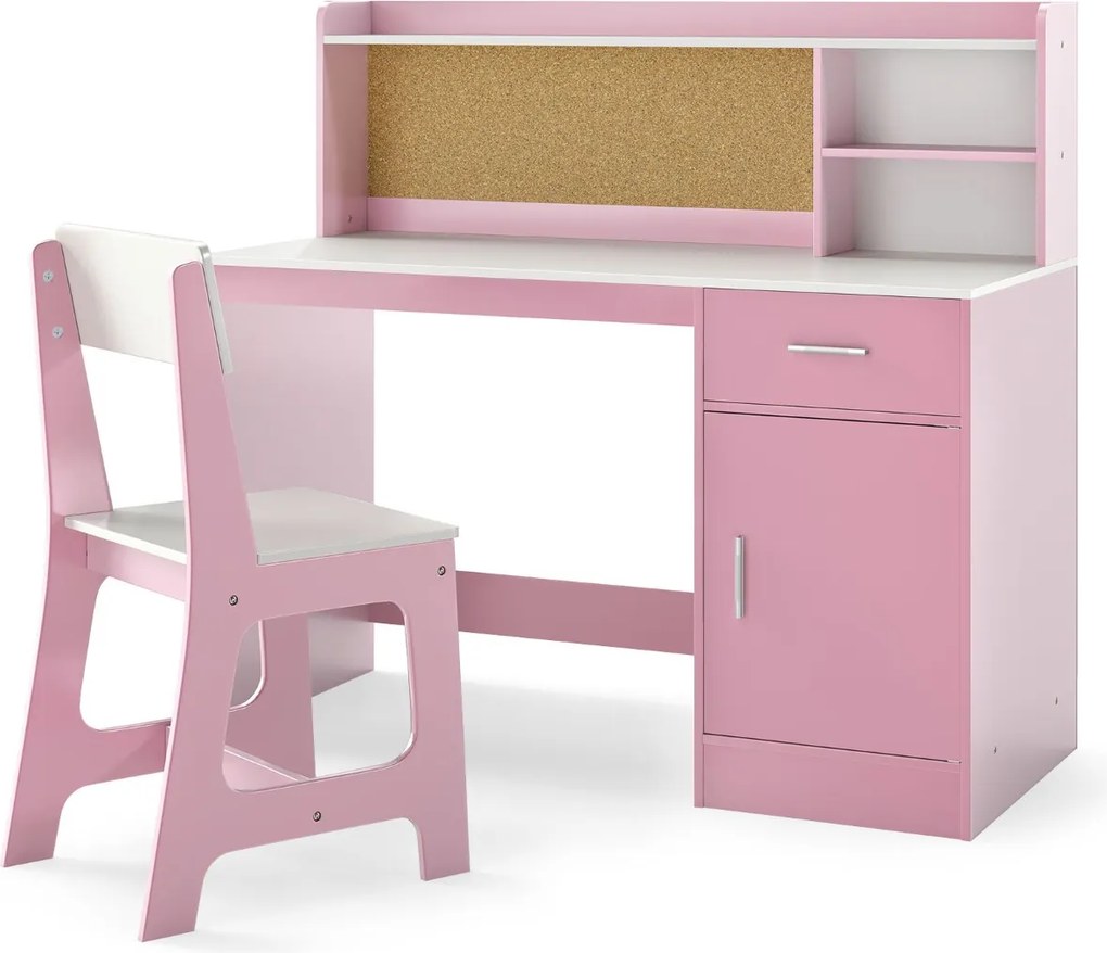 Conjunto de secretaria e cadeira infantil com estante, gaveta, armário, quadro de cortiça e banco com encosto inclinado 109,5 x 48 x 100,5 cm Rosa