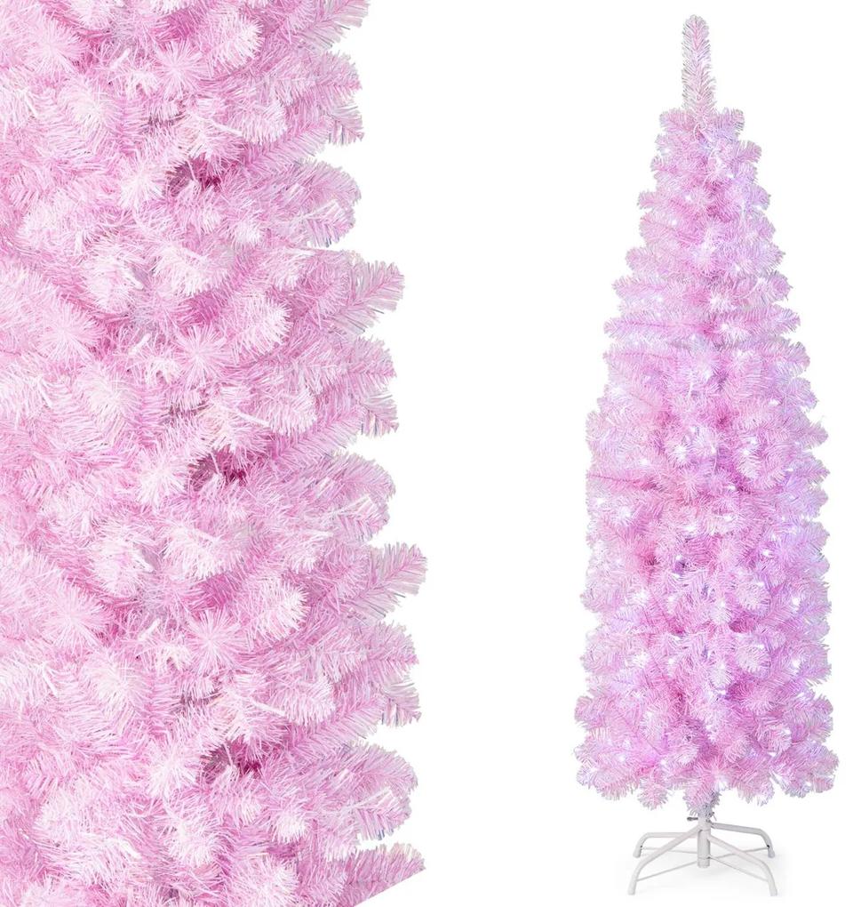 Árvore de Natal em formato de lápis articulado de 180 cm branco fresco luzes LED suporte de metal rosa