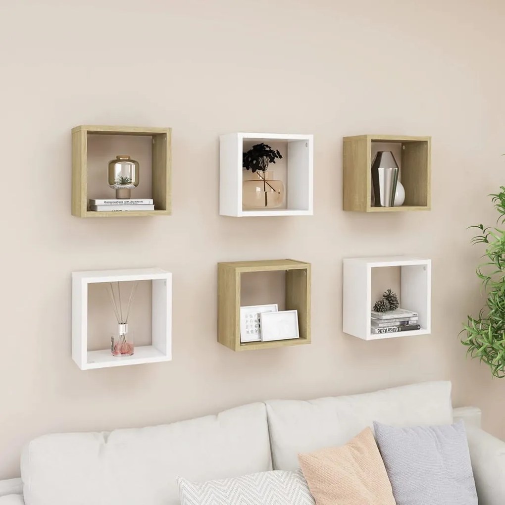 vidaXL Prateleiras parede forma de cubo 6 pcs 26x15x26cm branco/sonoma