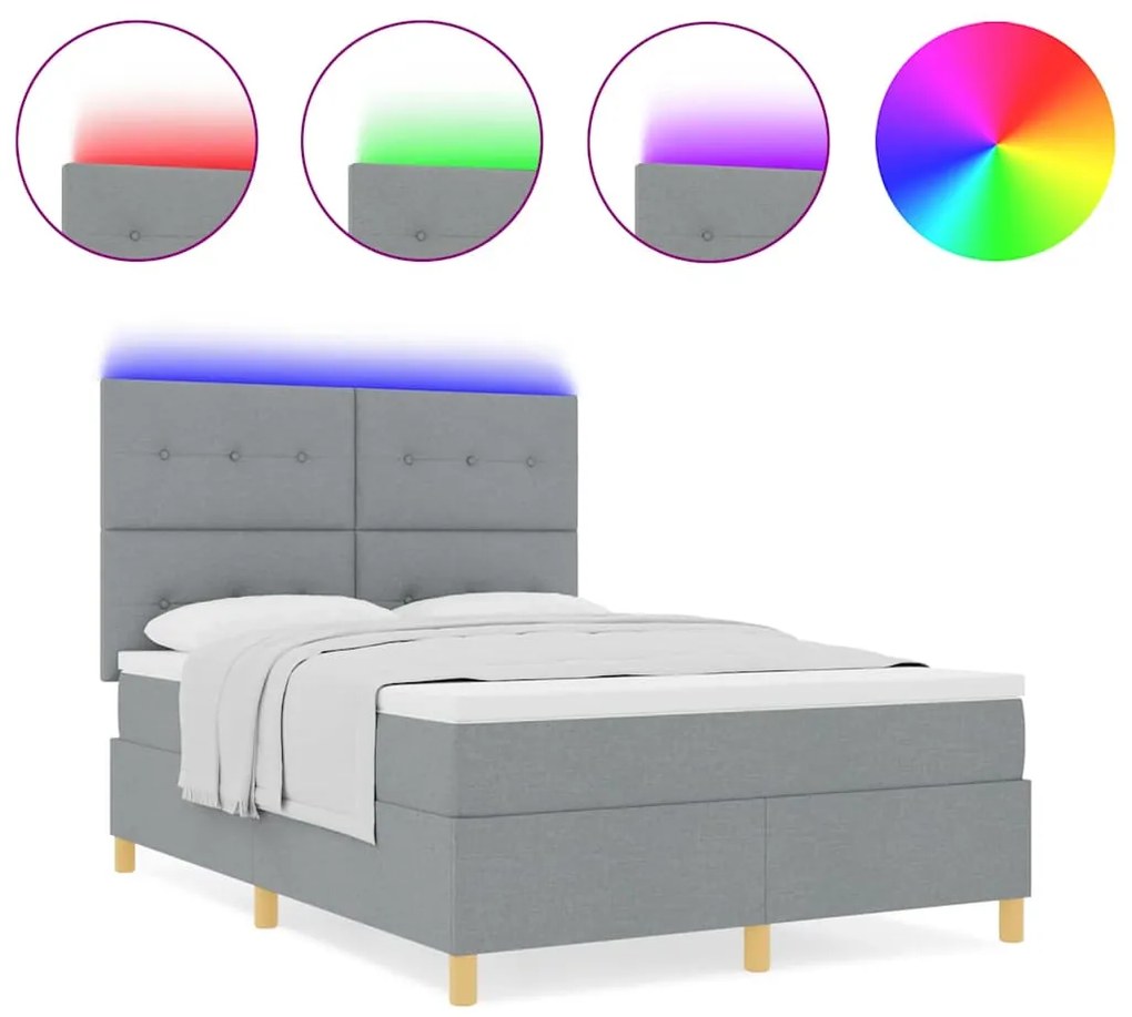 Cama com Estrutura Box Spring e Colchão &amp; Luz LED Cinzento Claro 140x2