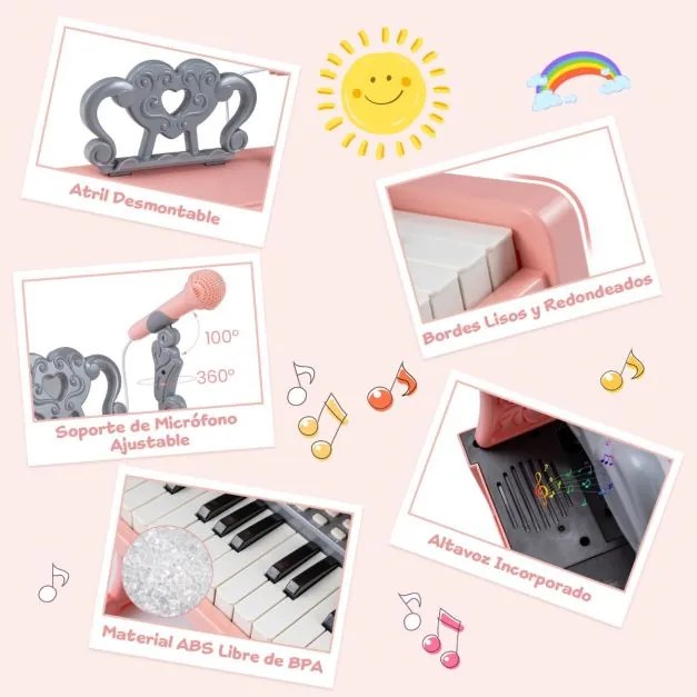 Piano de 25 teclas para crianças 30,5 x 17,5 x 32,5 cm com atril e microfone Brinquedo educativo para aprendizagem precoce 3+ anos Rosa