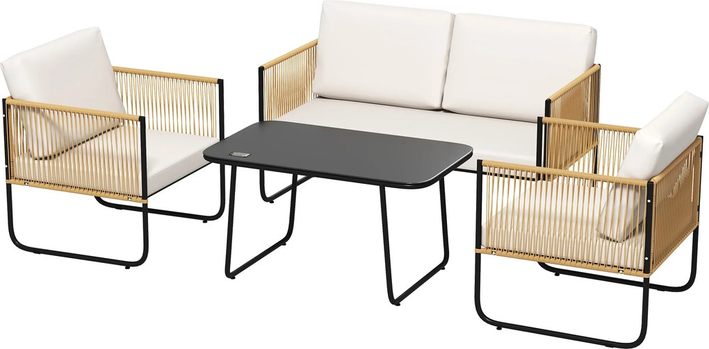Conjunto de jardim de 4 peças com sofá de 2 lugares, 2 poltronas, 1 mesa de centro de vidro e almofadas – branco creme