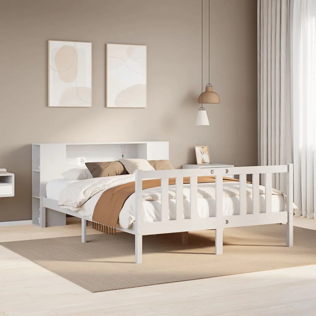 Cama com estante sem colchão 140x200 cm pinho maciço branco