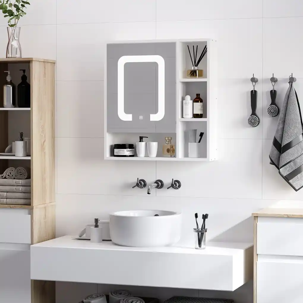 Espelho de parede para casa de banho com 3 prateleiras Branco