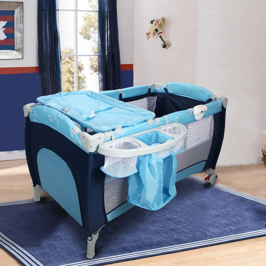 Berço 4 em 1 Dobrável para Crianças com Mudança de Mesa toldo de Rodas Lateral da Porta de Pendurar Brinquedos e Centro de Actividades Portáteis Azul