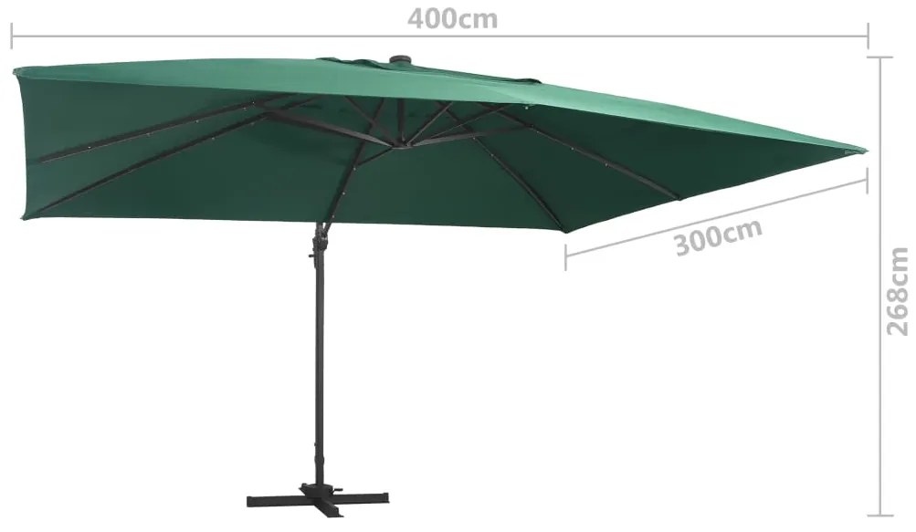 Guarda-sol cantilever luzes LED/poste alumínio 400x300 cm verde