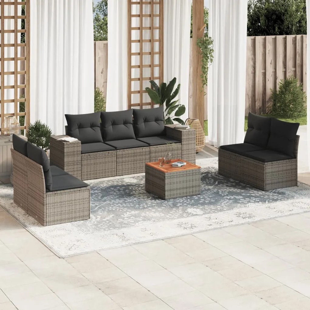 8 pcs conjunto sofás de jardim c/ almofadões vime PE cinzento