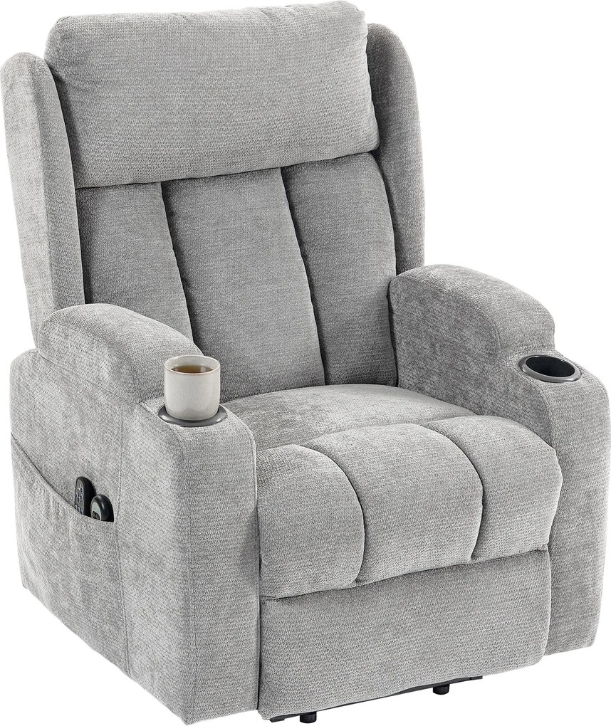 Poltrona Elevatória Elétrica Reclinável, 89 x 82 x 110 cm, Massagem Vibratória e Aquecimento Lombar, Cinzento
