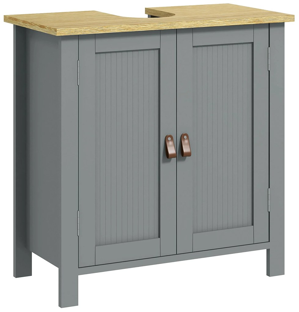 Kleankin Móvel Sob Lavatório 2 Portas Prateleira Ajustável 2 Andares Interiores Pegas em PU 60x30x60 cm Cinza | Aosom Portugal