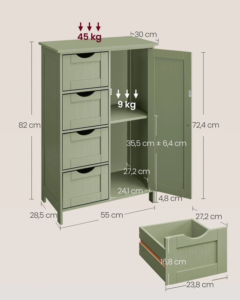 Armário de casa de banho 4 gavetas 30 x 55 x 82 cm verde floresta