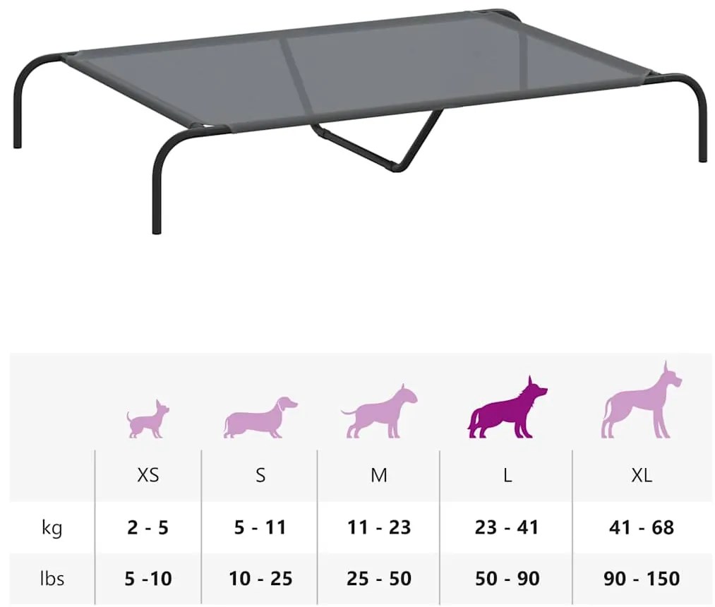 Cama para cães elevada 130x80x20 cm Textilene e aço cinzento
