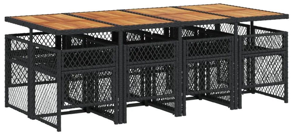 9 pcs conjunto de jantar p/ jardim c/ almofadões vime PE preto