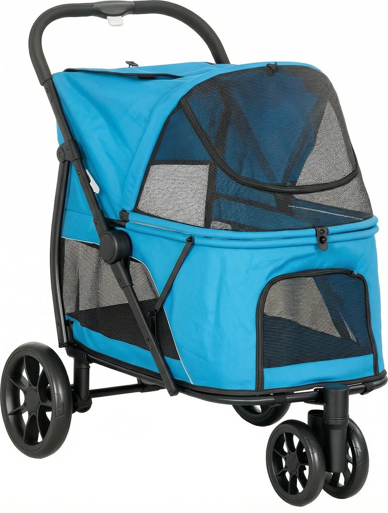 PawHut Carrinho para Cães Dobrável com 3 Rodas Janelas de Rede Almofada Lavável Todo o Terreno Carga 20 kg 92x63x95 cm Azul | Aosom Portugal