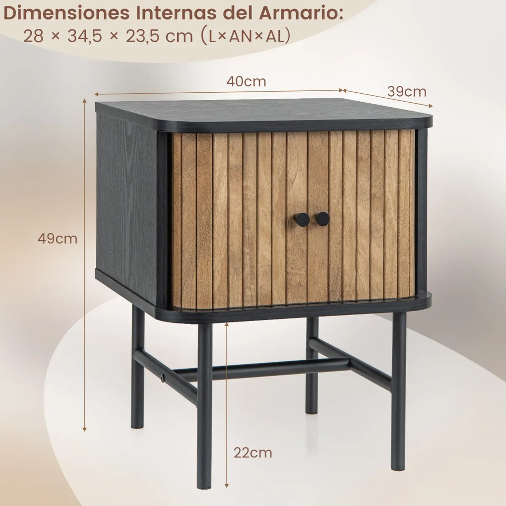 Mesa de cabeceira ou de mesa de apoio com portas de correr com armário de arrumação Pés de metal 40 x 39 x 49 cm Preto