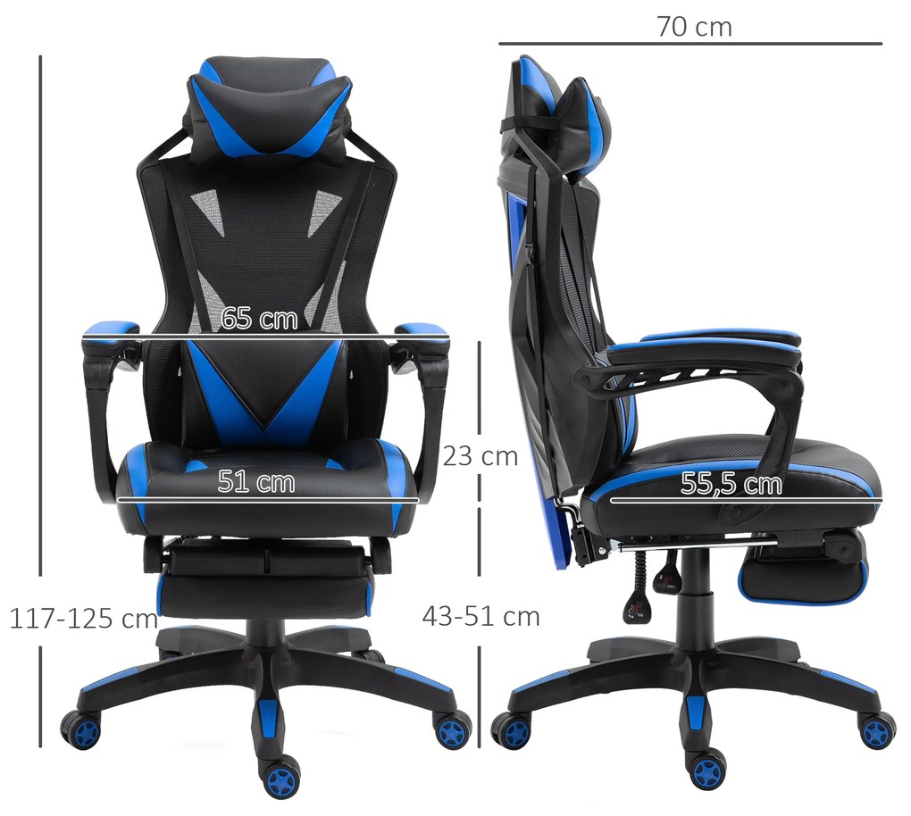 Cadeira Gaming Ergonómica Cadeira Gaming para Escritório com Altura Ajustável Encosto Regulável Almofada Lombar Apoio para os Pés Retráteis 65x70x117-