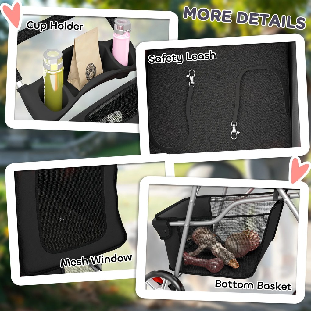 Carrinho Dobrável para Cães Pequenos com Cesta de Armazenamento Suportes para Copos Rodas e Almofada Lavável 77x44x102 cm Preto