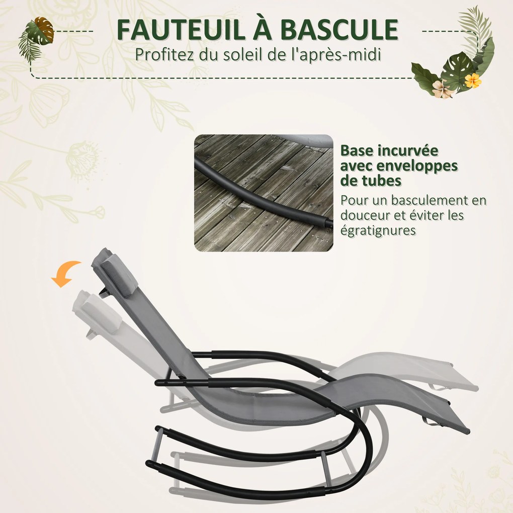Cadeira de baloiço ergonómica com apoio para a cabeça, braços em metal galvanizado e tecido Textilene cinzento