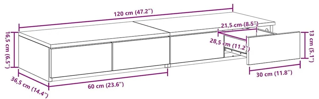 Gavetas de Cama vidaXL Carvalho Fumado 120x36,5x16,5 cm Madeira Engenh