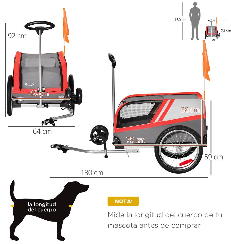 Reboque de Bicicleta para Cães 2 em 1 Carrinho para Animais de Estimação com Porta Enrolável Cinto de Segurança Bandeira e Refletores 130x64x92cm Verm