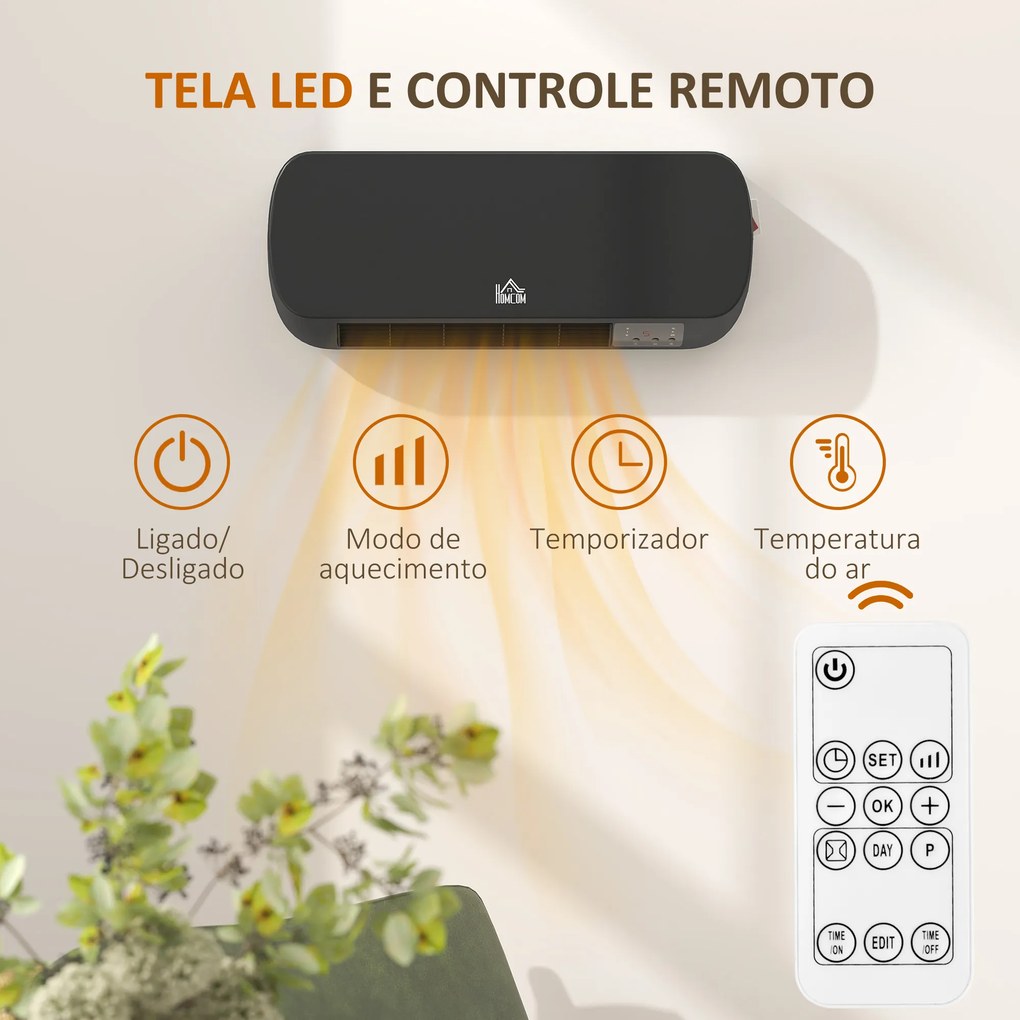 Aquecedor Cerâmico de Parede 1000W/2000W com Controle Remoto 3 Modos de Aquecimento Temporizador de 12h Termostato e Proteção contra Superaquecimento