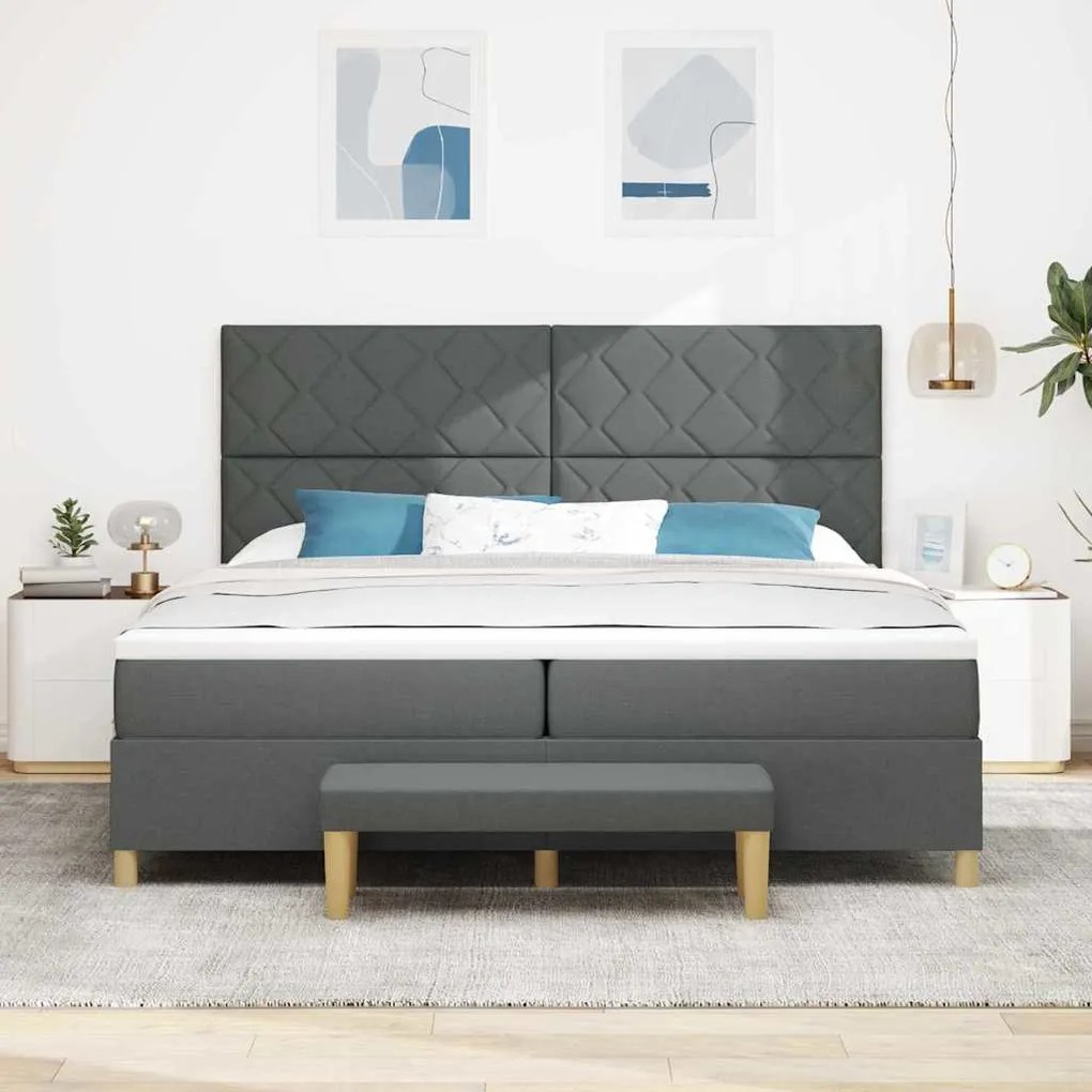 Cama Box Spring com Colchão &amp; Banco Cinza Escuro 200x200 cm Tecido