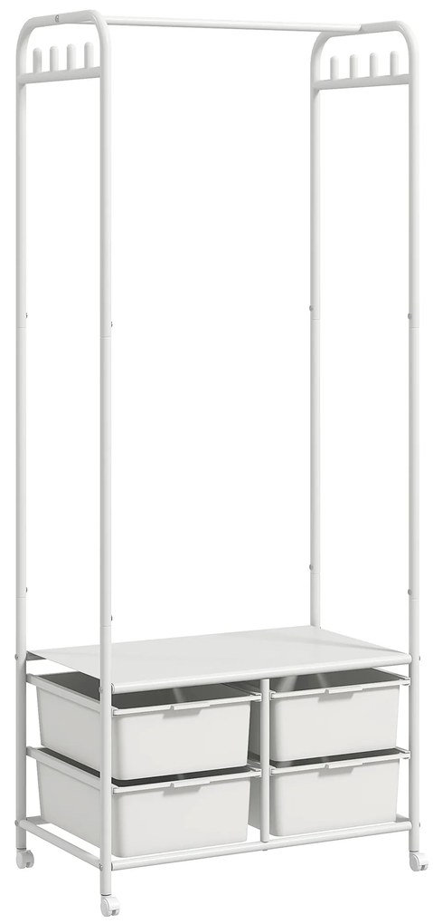 HOMCOM Charriot Moderno 8 Ganchos e 4 Cestos para Armazenamento Charriot com Rodas e Estrutura de Aço 63x37x153 cm Branco