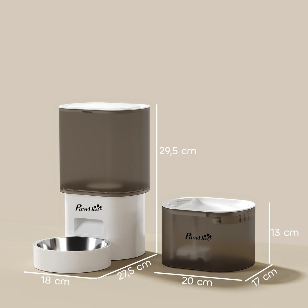 Conjunto de Comedouro Automático e Bebedouro Silencioso para Cães e Gatos com Controlo por App (1-10 Refeições por Dia) Branco