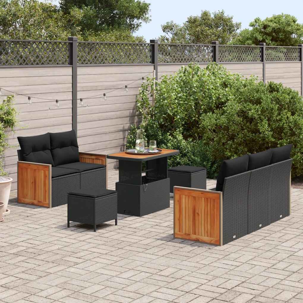 Conjunto de Sofá de Jardim vidaXL 8 Peças com Almofadas Preto Rattan P