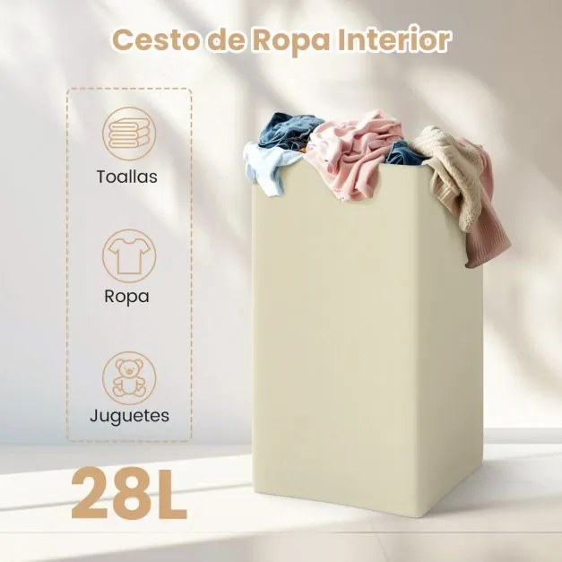 Cesto com grande capacidade para roupa suja com tampa articulada em metal, pega lateral e bolso interior 30 x 30 x 61 cm Branco
