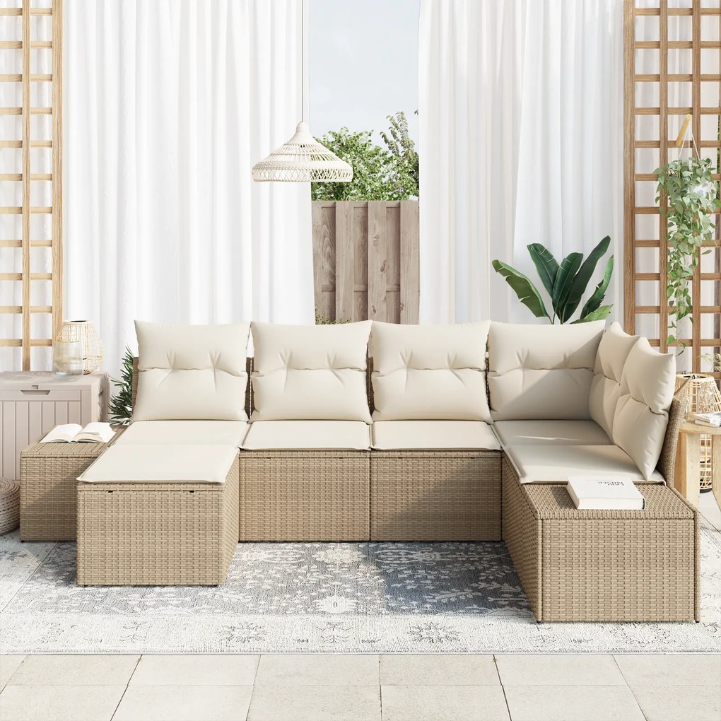 Conjunto de Sofá de Jardim 6 Peças com Almofadas Bege Vime Poliéster