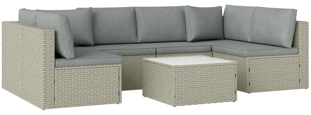 Outsunny Conjunto de Móveis de Jardim Exterior Modular para 6 Pessoas em Vime Sintético com Sofás e Mesa de Vidro Temperado Cinzento| Aosom Portugal