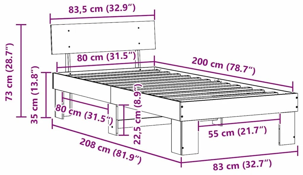 Estrutura da Cama com cabeceira Castanho-mel 80 x 200 cm
