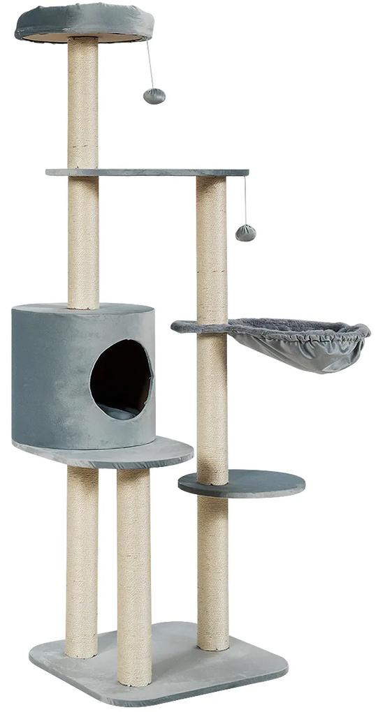 Árvore Arranhador de Actividade Multinivel 143,5 cm para Gatos Torre Trepadora com Raspadores Cobertos de Sisal Cinzento