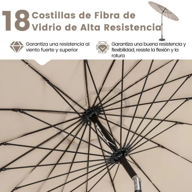 Guarda-sol redondo de 265 cm com 18 varas de fibra de vidro, botão de inclinação, manivela Bege