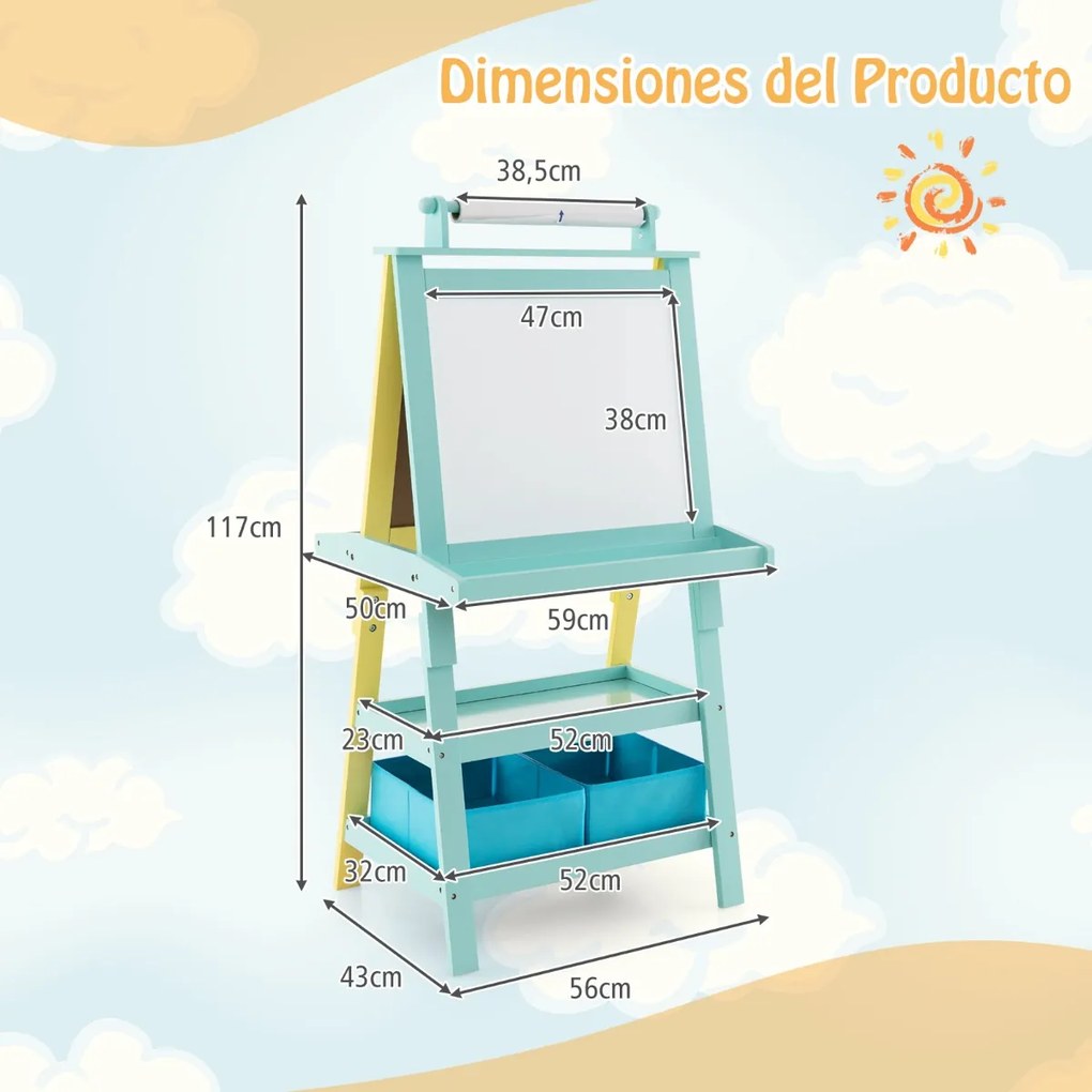 Cavalete infantil de dupla face 3 em 1 com 2 prateleiras 2 caixas e tabuleiro grande 59 x 50 x 117 cm Azul claro