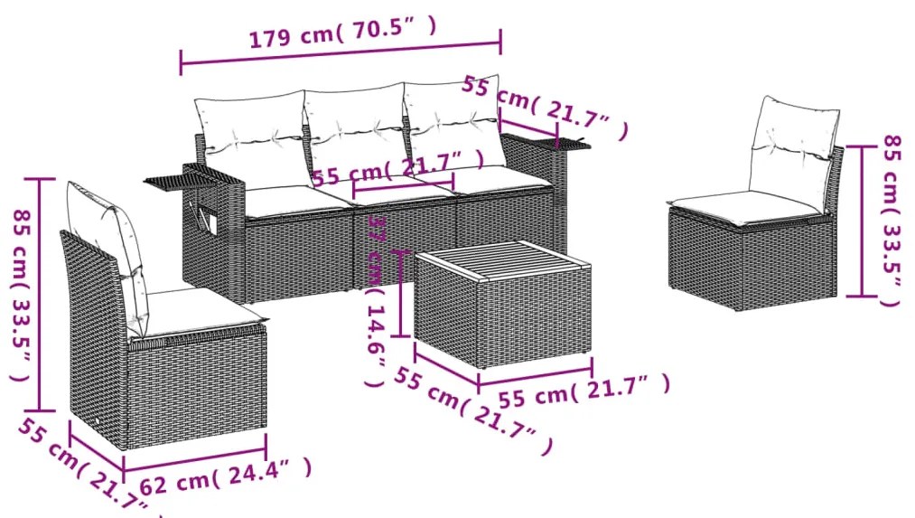 6 pcs conj. sofás jardim c/ almofadões vime PE bege misturado