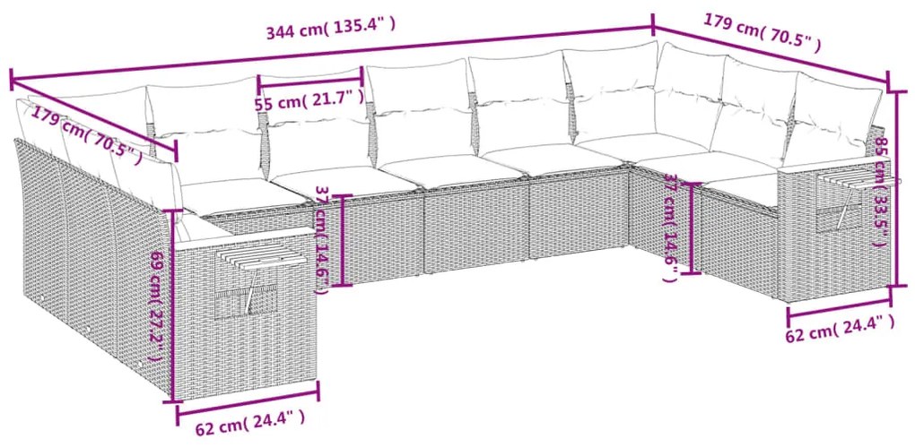 10 pcs conjunto sofás de jardim c/ almofadões vime PE preto