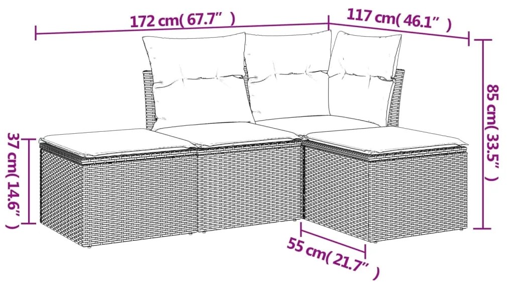 4 pcs conjunto sofás de jardim c/ almofadões vime PE castanho